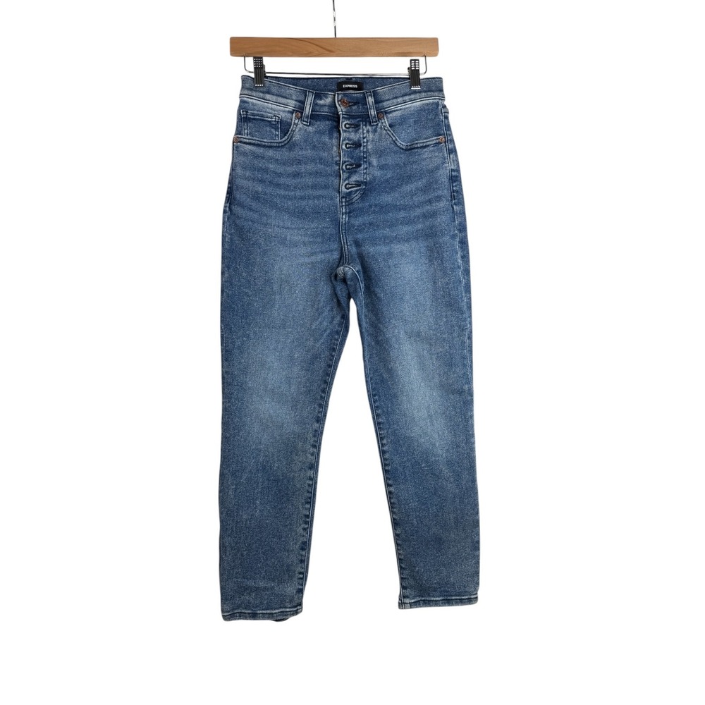 Express Super High Rise Button Fly Distressed Mom Jeans size 4R Blue